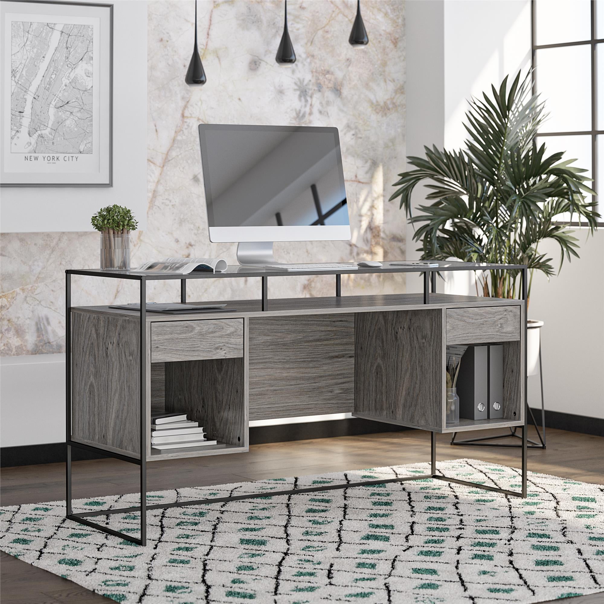 Gray Oak and Glass Modern Desk with Drawers