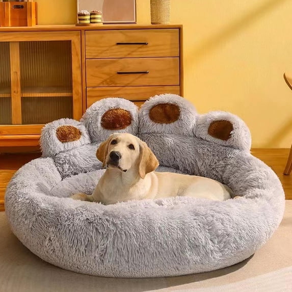 Camnix Paw Shape Calming Pet Bed, Plush Faux Fur Donut Bed for Dogs & Cats, Machine Washable, Non-Slip Bottom, Medium (24"), Grey