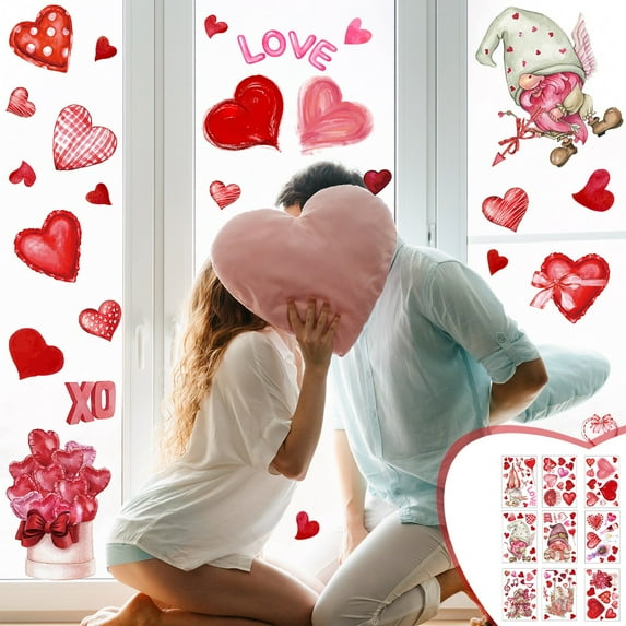 Camnix Valentines Day Window Clings Heart Window Stickers for Glass Door Windows, Large Double Sided Cling Decals Decorations, Red Pink Romantic Home Office Wedding Party Decor, 9 Pcs