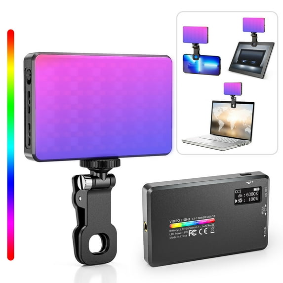 Camnoon ST-120RGB Pocket Video Light Clip-on Mobile Phone Fill Light Tablet Computer Video Conference LED Video Light 2500K-9000K Dimmable 20 Scene Lighting Effects for Online Meeting Live Streaming