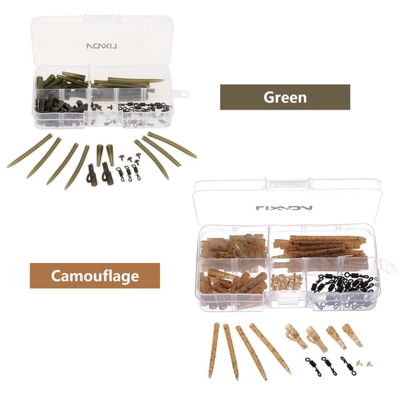 Camo 100-Piece Terminal Carp Fishing Tackle Kit with Safety Lead Clips, Pins, Tail Rubber Tubes, Anti-Tangle Sleeves, and Rolling Swivels (5.1 in / 13 cm Box Included)