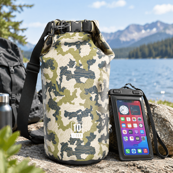 Phone For Delivery Camo 10L Roll Top Waterproof Dry Bag with IPX8 Phone Case for Kayaking ...