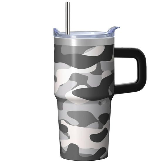 Camo 20oz Stainless Steel Tumbler with Handle and Straw – Insulated Travel Cup with Sliding Lid, 360° Full Wrap Printed Mug for Home, Outdoor & Sports Use, Camouflage