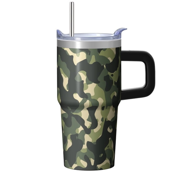 Camo 20oz Stainless Steel Tumbler with Handle and Straw – Insulated Travel Cup with Sliding Lid, 360° Full Wrap Printed Mug for Home, Outdoor & Sports Use, Camouflage