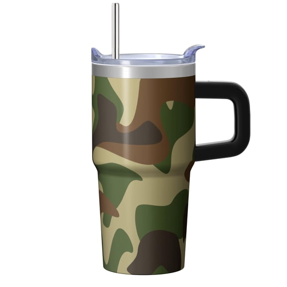 Camo 20oz Stainless Steel Tumbler with Handle and Straw – Insulated Travel Cup with Sliding Lid, 360° Full Wrap Printed Mug for Home, Outdoor & Sports Use, Camouflage