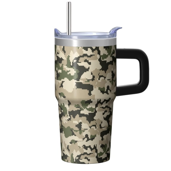 Camo 20oz Stainless Steel Tumbler with Handle and Straw – Insulated Travel Cup with Sliding Lid, 360° Full Wrap Printed Mug for Home, Outdoor & Sports Use, Camouflage