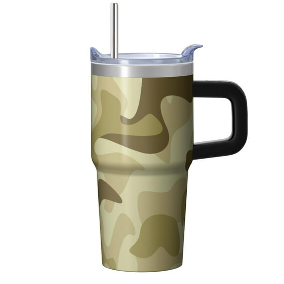 Camo 20oz Stainless Steel Tumbler with Handle and Straw – Insulated Travel Cup with Sliding Lid, 360° Full Wrap Printed Mug for Home, Outdoor & Sports Use, Camouflage