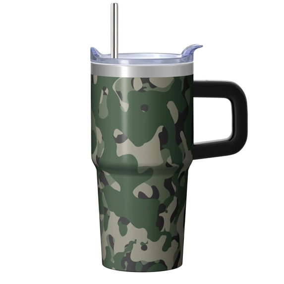 Camo 20oz Stainless Steel Tumbler with Handle and Straw – Insulated Travel Cup with Sliding Lid, 360° Full Wrap Printed Mug for Home, Outdoor & Sports Use, Camouflage