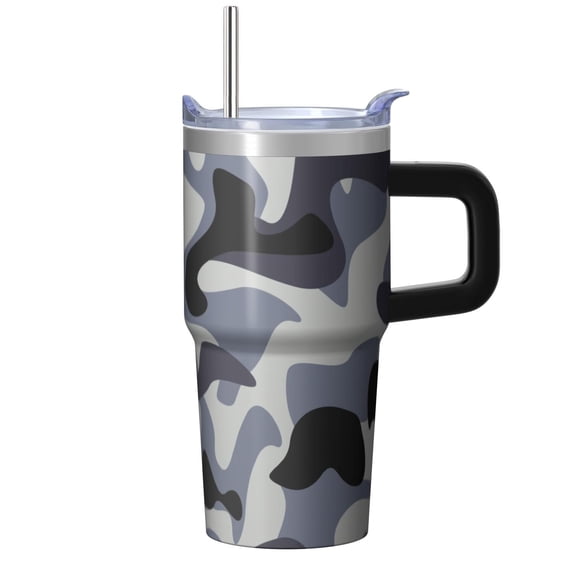 Camo 20oz Stainless Steel Tumbler with Handle and Straw – Insulated Travel Cup with Sliding Lid, 360° Full Wrap Printed Mug for Home, Outdoor & Sports Use, Camouflage