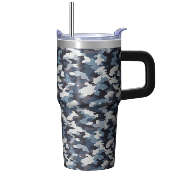 Camo 20oz Stainless Steel Tumbler with Handle and Straw – Insulated Travel Cup with Sliding Lid, 360° Full Wrap Printed Mug for Home, Outdoor & Sports Use, Camouflage