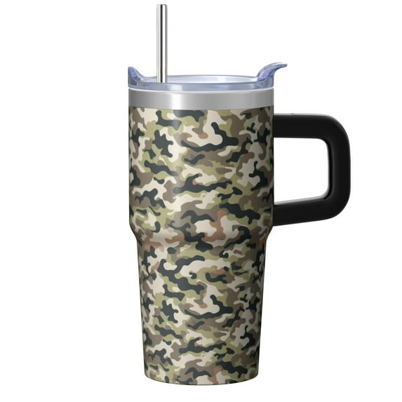 Camo 20oz Stainless Steel Tumbler with Handle and Straw – Insulated Travel Cup with Sliding Lid, 360° Full Wrap Printed Mug for Home, Outdoor & Sports Use, Camouflage