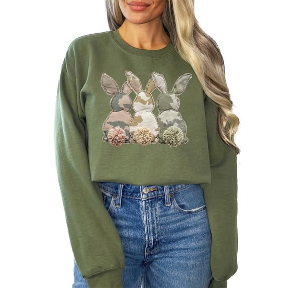Camo 3 Easter Bunnies Sweatshirt for Women Teens & Kids Spring Family Matching Pullover Army Green Sweatshirt Adult X-Large