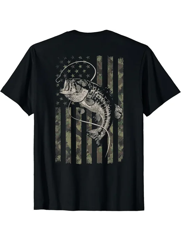 Camo American Flag Bass Fishing Graphic Men Short Sleeve T-Shirt