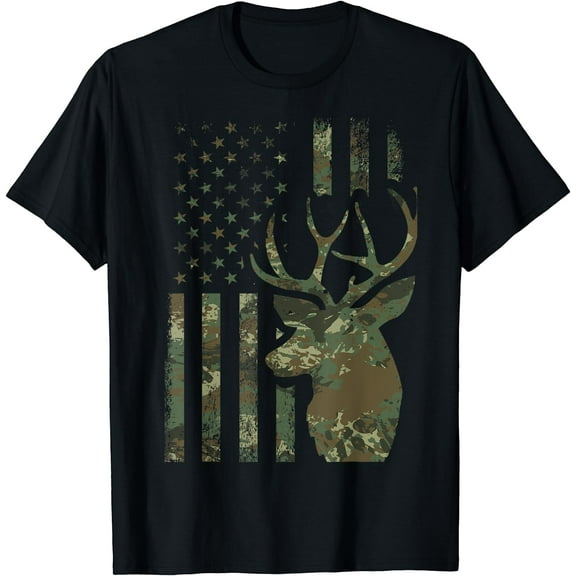 Camo American Flag Buck Hunting Gift for Elk Deer Hunter Men T-Shirt Black 3X-Large