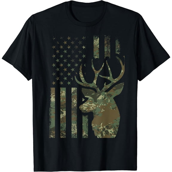 Camo American Flag Buck Hunting Gift for Elk Deer Hunter Men T-Shirt Black Large