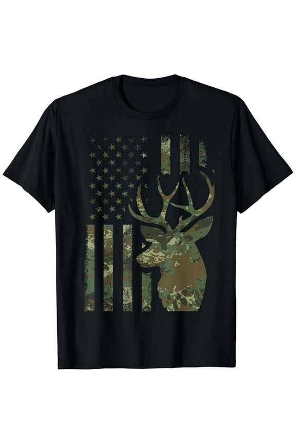 Camo American Flag Buck Hunting Gift for Elk Deer Hunter Men T-Shirt