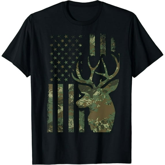 Camo American Flag Buck Hunting Gift for Elk Deer Hunter Men T-Shirt