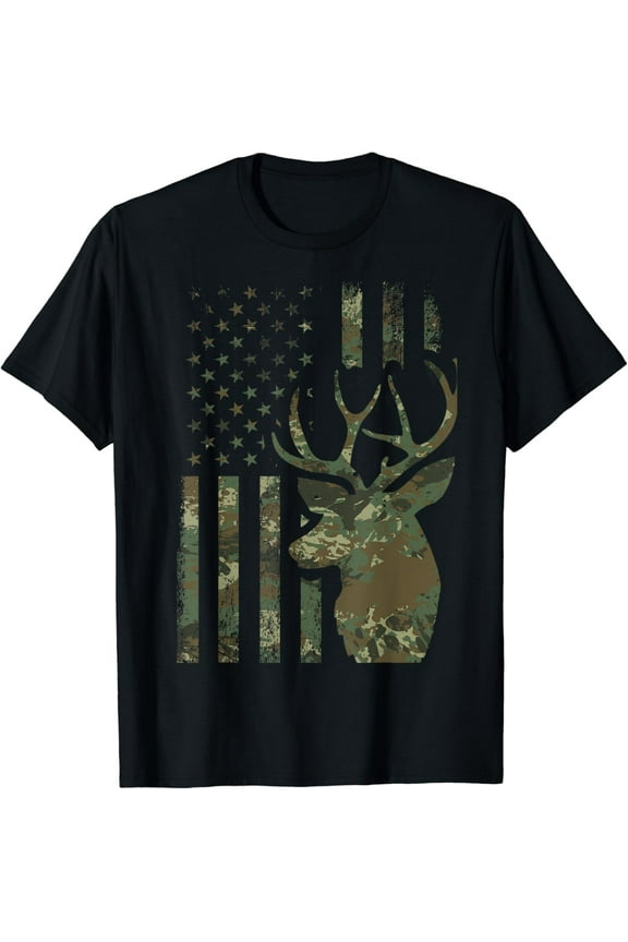 Camo American Flag Buck Hunting Gift for Elk Deer Hunter Men T-Shirt