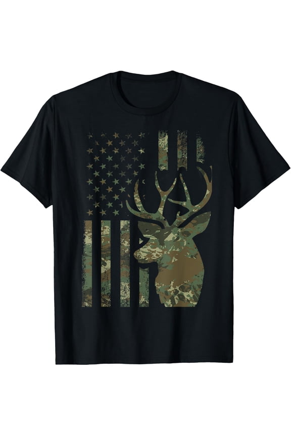 Camo American Flag Buck Hunting Gift for Elk Deer Hunter Men T-Shirt