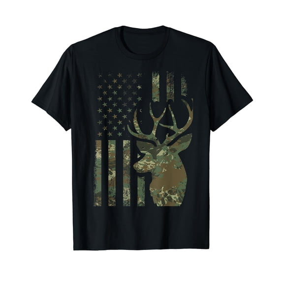 Camo American Flag Buck Hunting Gift for Elk Deer Hunter Men T-Shirt