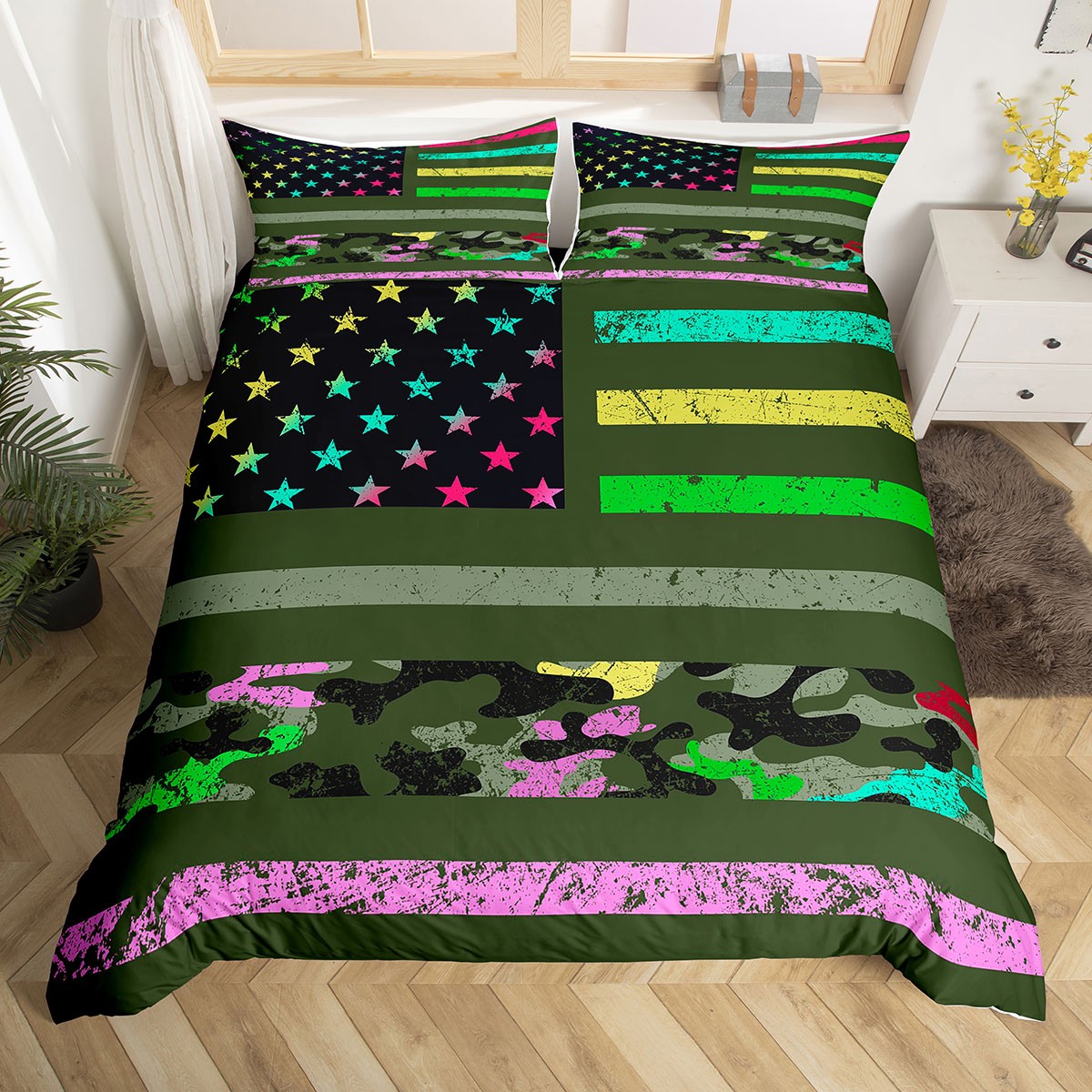 Camo American Flag Comforter Cover Military Army Theme Duvet Cover, Usa Flag Bedding Set
