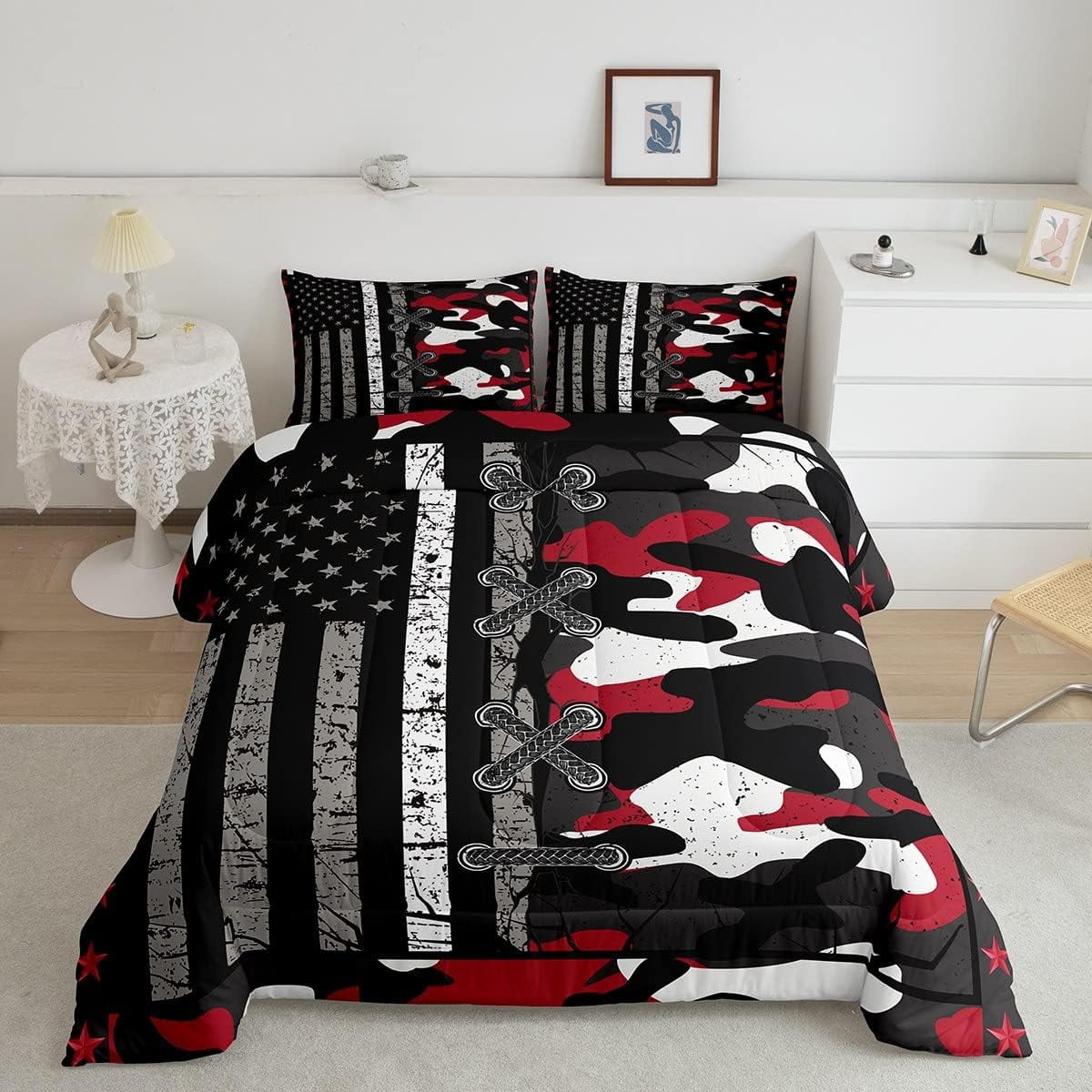 Camo American Flag Comforter Set for Adult Women Men Army Bedding Set