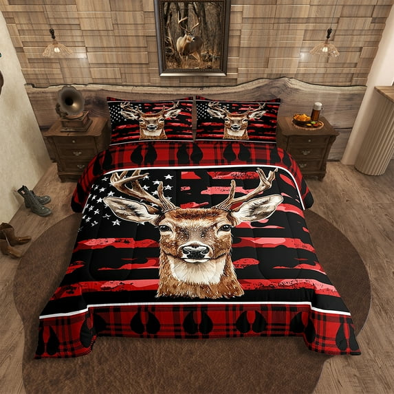 Camo American Flag Comforter Set Full Red Black Camouflage Hunting Bedding Set Rustic Buffalo Plaid Deer Down Comforter Teen Men Woodland Animal Bed Duvet Set 3 Pcs