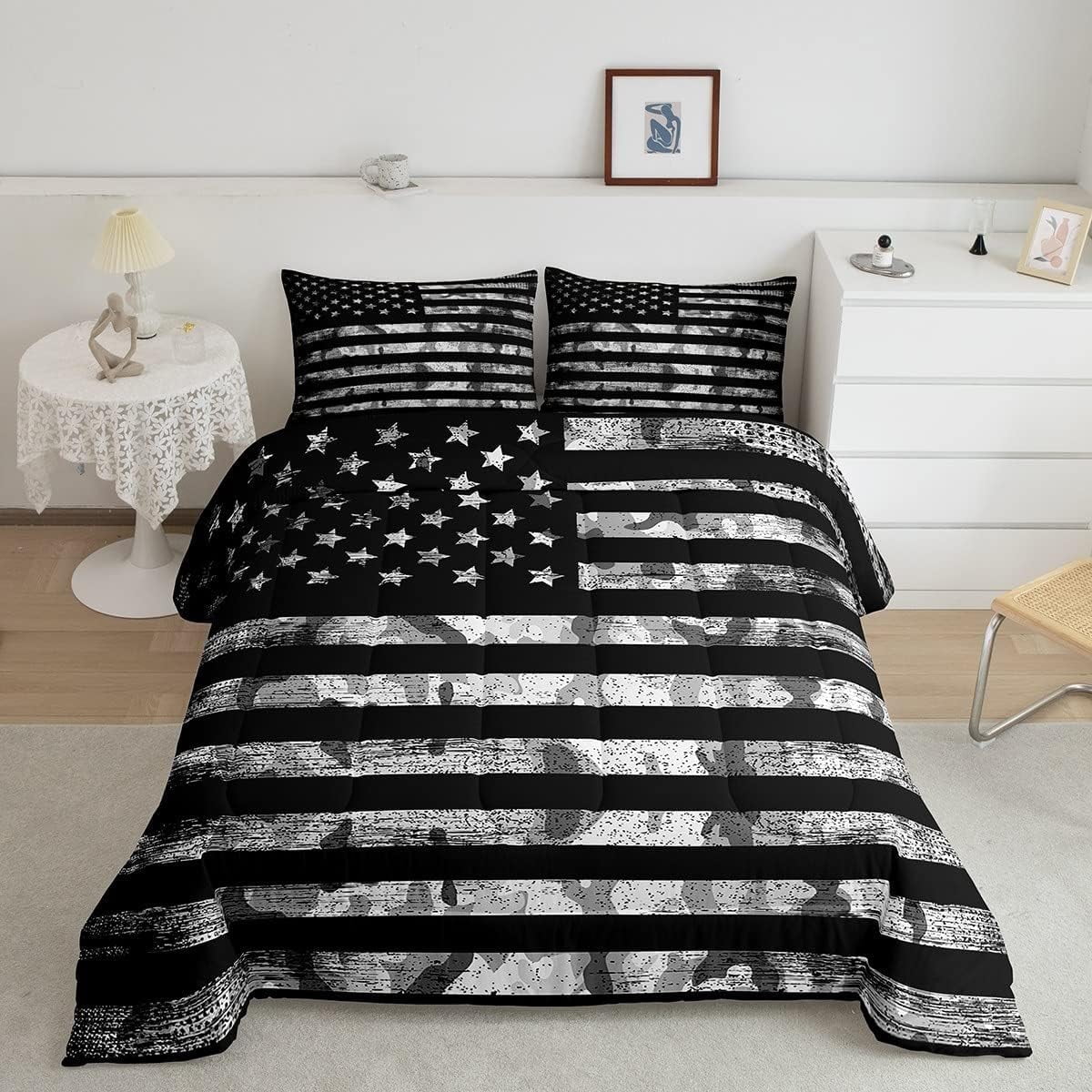 Camo American Flag Comforter Set Queen Size,Vintage Grey Black Army