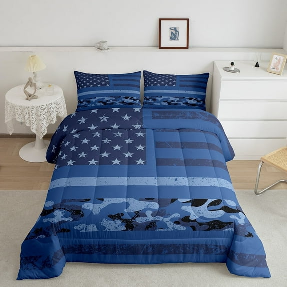 Camo American Flag Comforter Set Stars and Stripes Bedding Comforter Sets, Twin Size Vintage Military Camouflage Bedding Army Soldier Patriotic Quilt 2Pcs for Teenagers Youth - Navy Blue