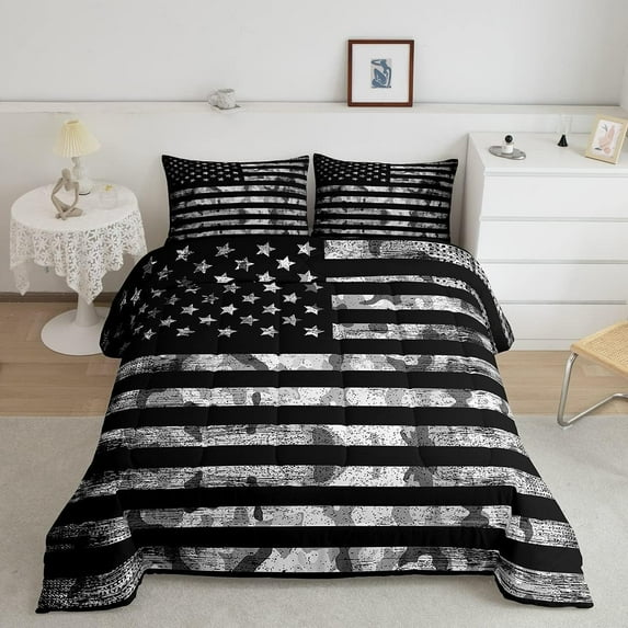 Camo American Flag Comforter Set Twin Size,Vintage Grey Black Army Camouflage Bedding Set Teens,Militarily Duvet Insert Warm,Geometric Star Stripe Flag Down Comforter with 1 Pillowcase