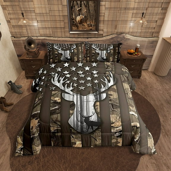 Camo American Flag Comforter Sets,Deer Antlers Brown Camouflage Bedding Flags for Room Teens,Animal Hunting Farm Branches Leaves Stars Stripes USA Flag Down Comforter