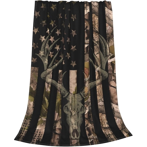 Camo American Flag Deer Fleece Throw Blanket Camouflage Soft Flannel Plush Lightweight Warm Cozy Blanket for Bed Couch Sofa Travel 60"X50"