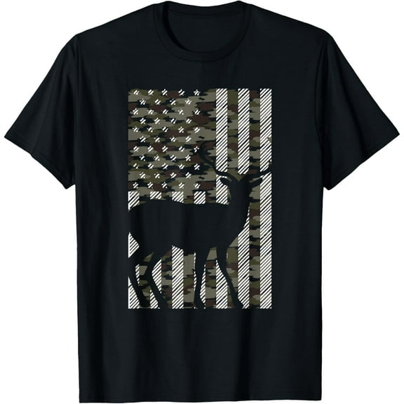 Camo American Flag Deer Vintage Buck Elk Hunting Hunter Gift T-ShirtMen and women, Black T-shirt, size: Extra large