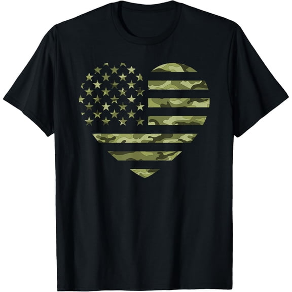 Camo American Flag Heart Camouflage Tactical Green Military T-Shirt