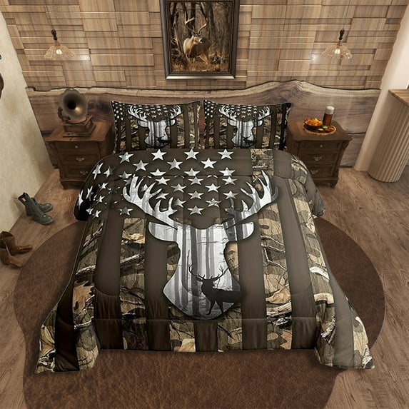 Camo American Flag Queen Size Comforter Sets,Deer Antlers Brown Camouflage Bedding Flags for Room Teens,Animal Hunting Farm Branches Leaves Stars Stripes USA Flag Down Comforter