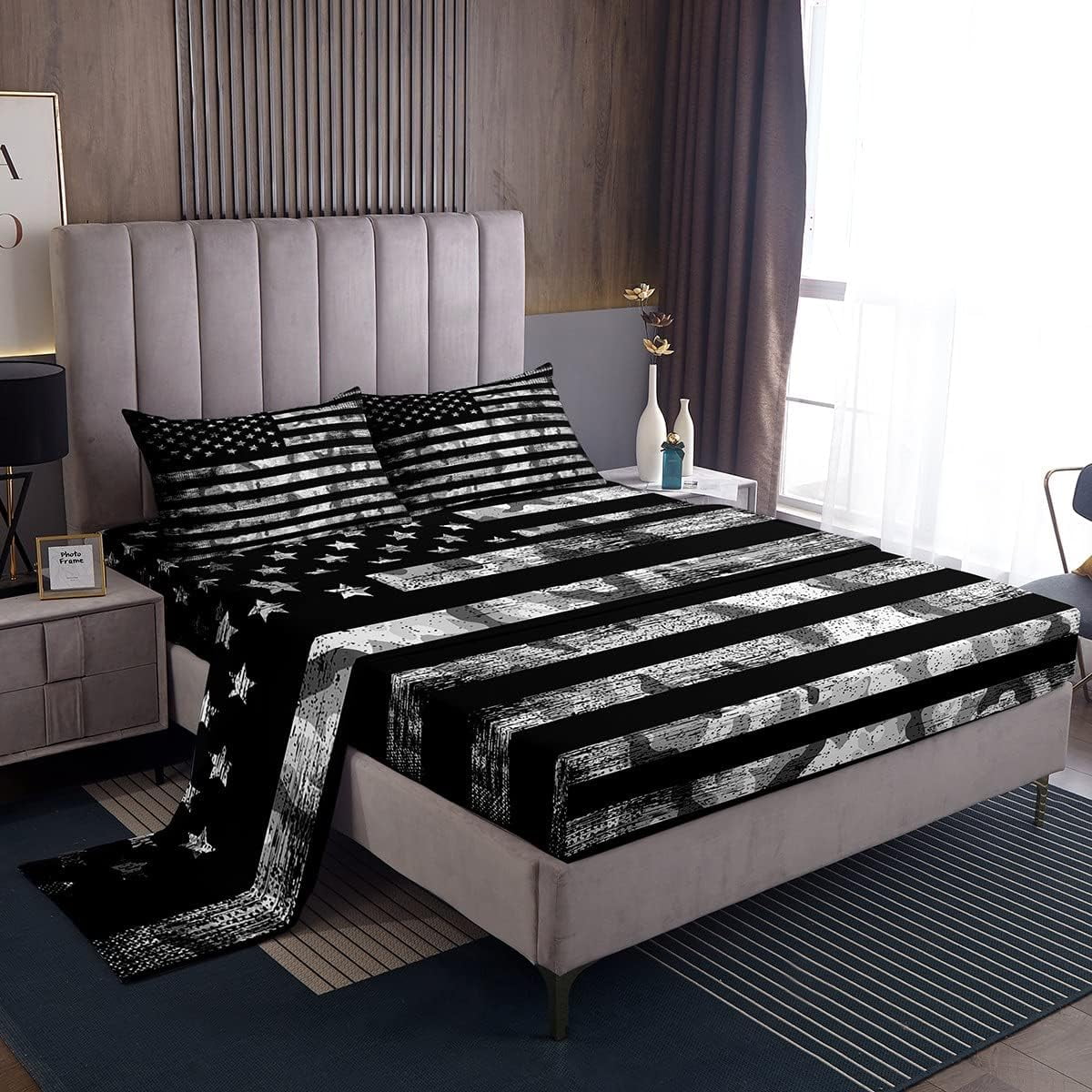 Camo American Flag Sheet Set Queen,Vintage Grey Black Army Camouflage