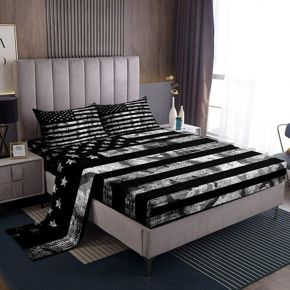 Camo American Flag Sheet Set Twin,Vintage Grey Black Army Camouflage Bed Sheets Teens,Militarily Bedding Set,Geometric Star Stripe Flag Fitted Sheet + Flat Sheet + 1 Pillowcase
