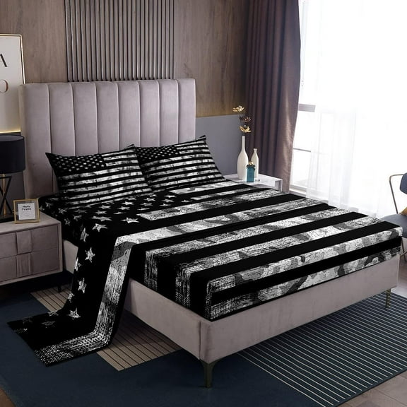 Camo American Flag Sheet Set Twin,Vintage Grey Black Army Camouflage Bed Sheets Teens,Militarily Bedding Set,Geometric Star Stripe Flag Fitted Sheet + Flat Sheet + 1 Pillowcase