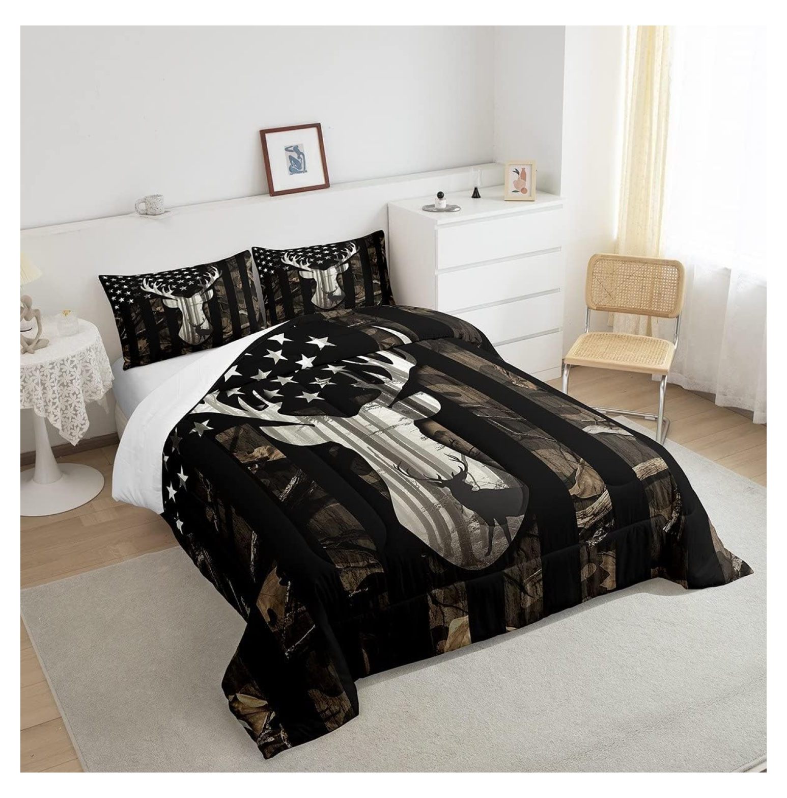 Camo American Flag Comforter Set – 7-Piece Twin Size, Reversible Deer Antler Camo & Stars Design