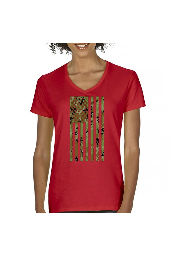 Camo American Flag Women's V-Neck T-shirt USA Military Proud Army Veteran RED Friday 4th of July Camouflage Patriot Tee