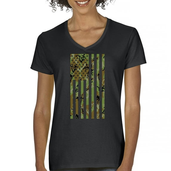 Camo American Flag Women's V-Neck T-shirt USA Military Proud Army Veteran RED Friday 4th of July Camouflage Patriot Tee