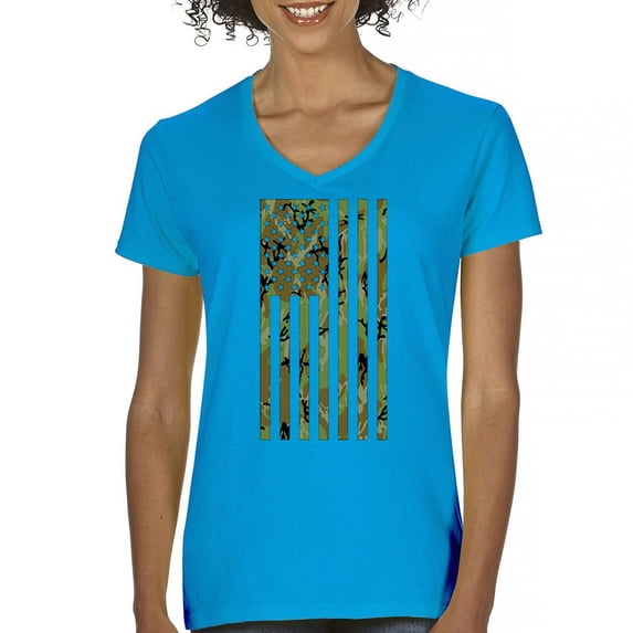 Camo American Flag Women's V-Neck T-shirt USA Military Proud Army Veteran RED Friday 4th of July Camouflage Patriot Tee
