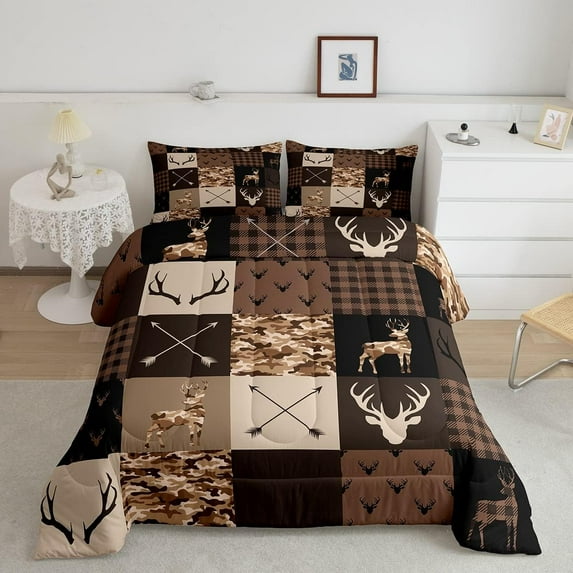 Camo Animal Comforter Set Full Size,Deer Antlers Silhouette Bedding Set,Adults Bedroom Xmas Decor,Checkered Geometric Down Comforter,Arrow Boho Retro Duvet Insert