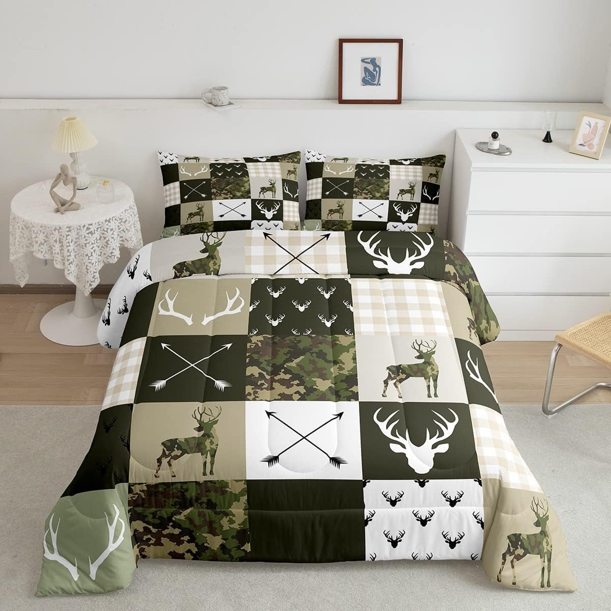 Camo Animal Kids Comforter Set Full Size,Deer Antlers Silhouette