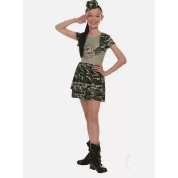 Camo Army Cadet Camouflage Girl's Halloween Costume Hat & Dress Large 8-10