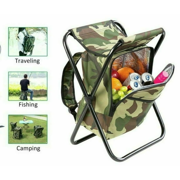 Camo Backpack Cooler and Stool - Collapsible Folding Camping Chair and Insulated Cooler Bag with Zippered Front Pocket for Hiking, Beach and More