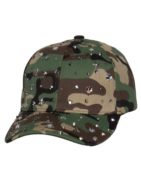 Camo Baseball Cap with Crystal Studs Rhinestone Camouflage Hat Sparkle Bling Fashion Womens Cap, Green