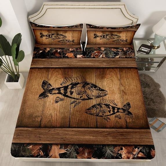 Camo Bass Fish Bed Sheets Fishing Bass Big Fish Bedding Set Queen Rustic Farmhouse Lake House Fitted Sheet Men Fisherman,Retro Tree Branch Camouflage Cabin Fitted Bed Sheets (No Top Sheet)