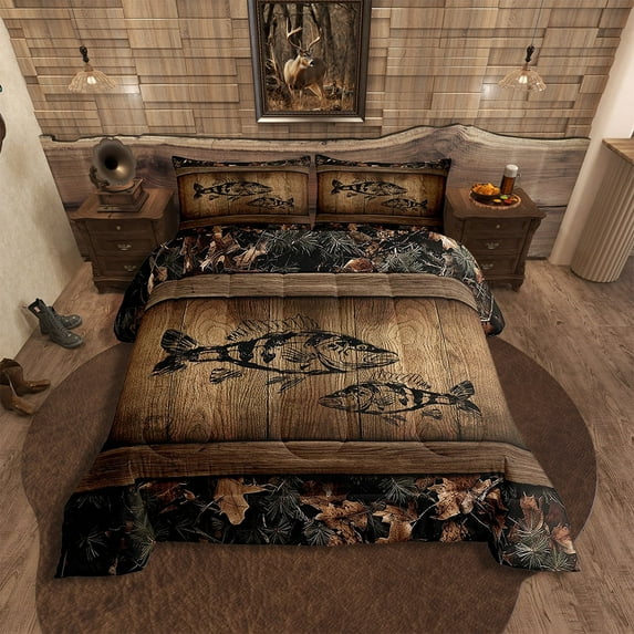 Camo Bass Fish Bedding Comforter Sets Fishing Bass Big Fish Bedding Set King Rustic Farmhouse Lake House Comforter Set Men Fisherman,Retro Tree Camouflage Cabin Quilt Set