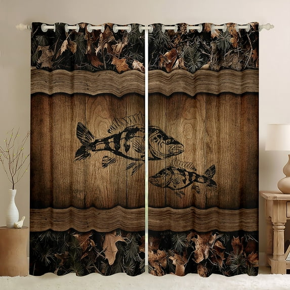 Camo Bass Fish Curtains & Drapes Fishing Bass Big Fish Window Curtains 38"Wx54"L Rustic Farmhouse Lake House 30%-50% Blackout Curtains Men Fisherman,Retro Tree Camouflage Cabin Curtains 2 Panels